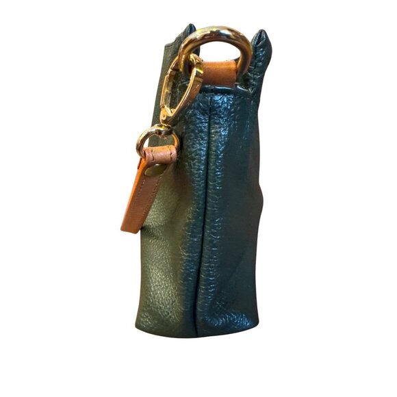 Valentina Italy Leather Shoulder Bag Green Tan Strap Gold Logo Zip Purse - Picture 7 of 16